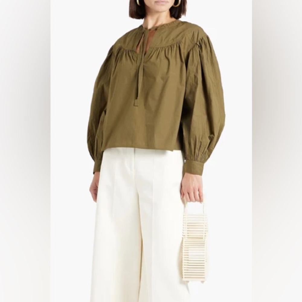 Ulla Johnson Delaney Blouse Olive Green Cotton Puff Sleeve Top Size 4 Boho Chic - Picture 3 of 12